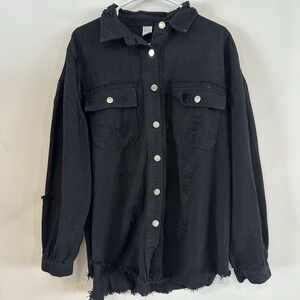 Women's Black Denim Jean Jacket Distressed‎ Plus 2XL Button Down Cotton